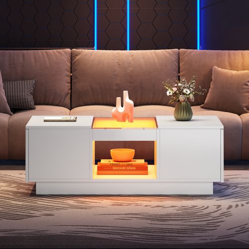 Table Basse Blanche 100x50x35,5 Cm, Verre, LED App, 2 Tiroirs Et Compartiment Ouvert