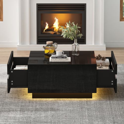 Table Basse Carrée Brillante 70x70x36 Cm, LED, 2 Tiroirs, Verre Trempé, Design Géométrique