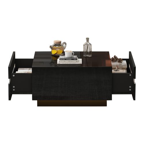 Table Basse Carrée Brillante 70x70x36 Cm, LED, 2 Tiroirs, Verre Trempé, Design Géométrique