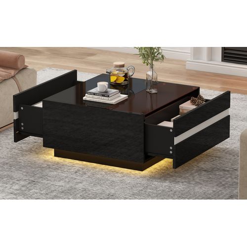 Table Basse Carrée Brillante 70x70x36 Cm, LED, 2 Tiroirs, Verre Trempé, Design Géométrique