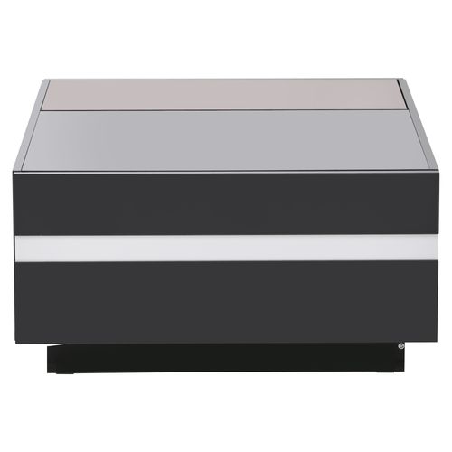 Table Basse Carrée Brillante 70x70x36 Cm, LED, 2 Tiroirs, Verre Trempé, Design Géométrique