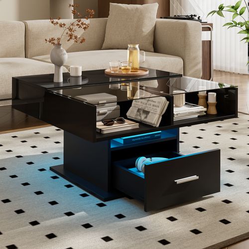 Table Basse Relevable LED, Design Moderne, Rangement Réglable, Idéale Pour Salon Ou Petit Espace