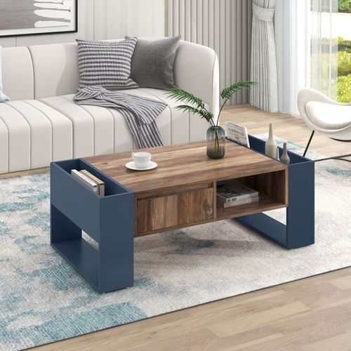 Table Basse Effet Bois Anthracite, Grande Étagère, Tiroir Sans Poignée Et Rangement Double Face