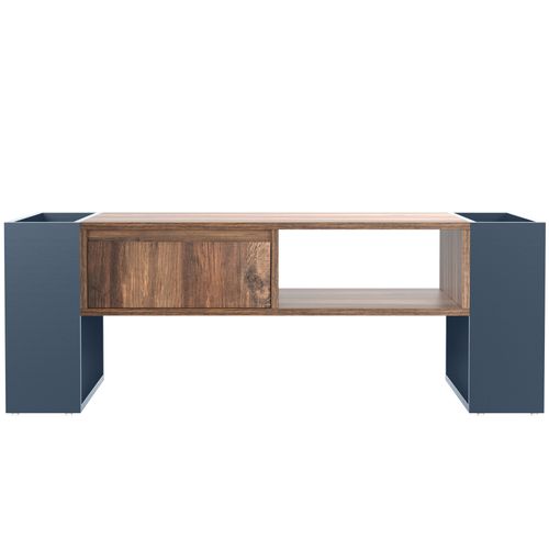 Table Basse Effet Bois Anthracite, Grande Étagère, Tiroir Sans Poignée Et Rangement Double Face