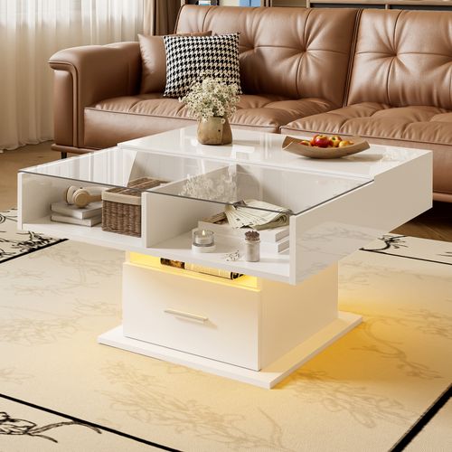 Table Basse Relevable Laquée Moderne Avec LED, Rangement Réglable, Idéale Salon Ou Petit Espace