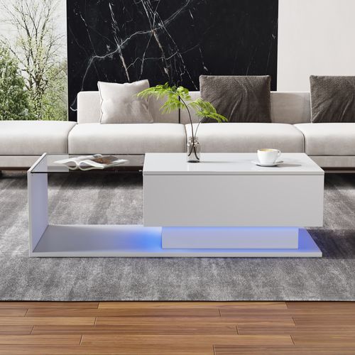 Table Basse Blanche Brillante 100x50x32 Cm, Verre, 1 Tiroir, LED, Design Moderne Et Résistant