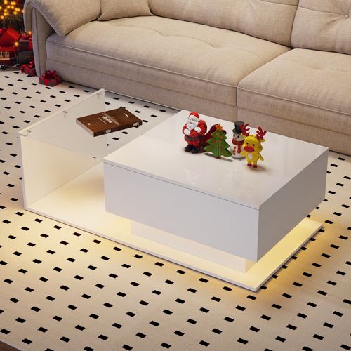 Table Basse Blanche Brillante 100x50x32 Cm, Verre, 1 Tiroir, LED, Design Moderne Et Résistant