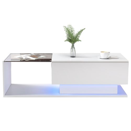 Table Basse Blanche Brillante 100x50x32 Cm, Verre, 1 Tiroir, LED, Design Moderne Et Résistant
