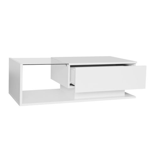 Table Basse Blanche Brillante 100x50x32 Cm, Verre, 1 Tiroir, LED, Design Moderne Et Résistant