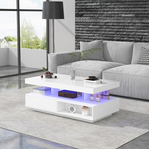 Table Basse Blanche Brillante 95x50x42,5 Cm Avec 4 Verres, 2 Tiroirs Et 2 Compartiments Ouverts