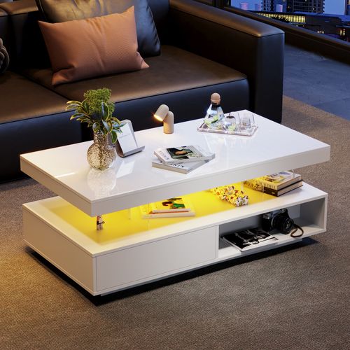 Table Basse Blanche Brillante 95x50x42,5 Cm Avec 4 Verres, 2 Tiroirs Et 2 Compartiments Ouverts