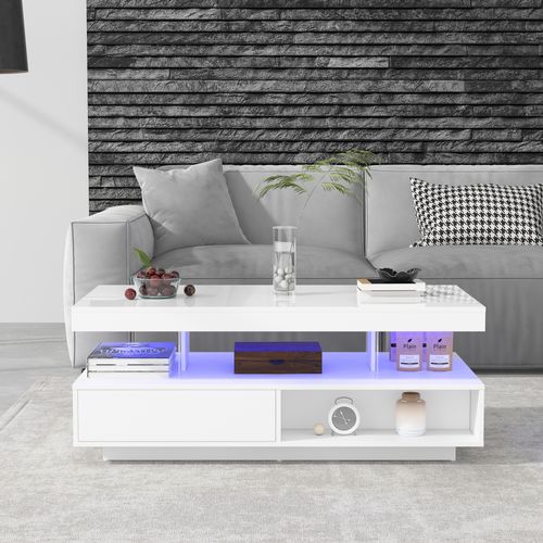 Table Basse Blanche Brillante 95x50x42,5 Cm Avec 4 Verres, 2 Tiroirs Et 2 Compartiments Ouverts