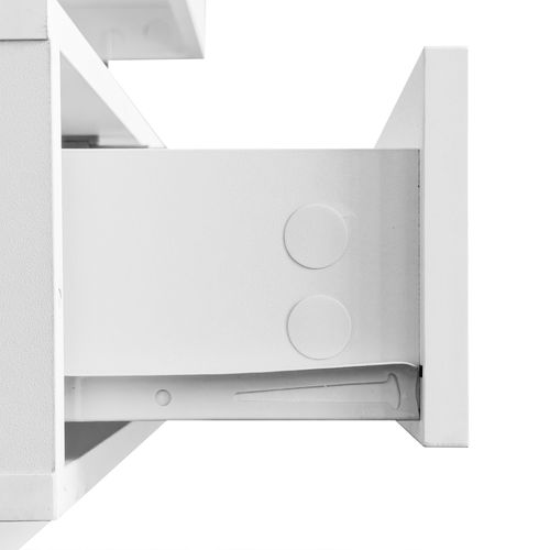 Table Basse Blanche Brillante 95x50x42,5 Cm Avec 4 Verres, 2 Tiroirs Et 2 Compartiments Ouverts