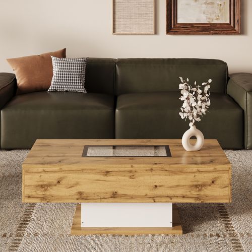 Table Basse Salon Avec Lumière LED Changeante Plateau En Verre Deux Tiroirs Design Moderne