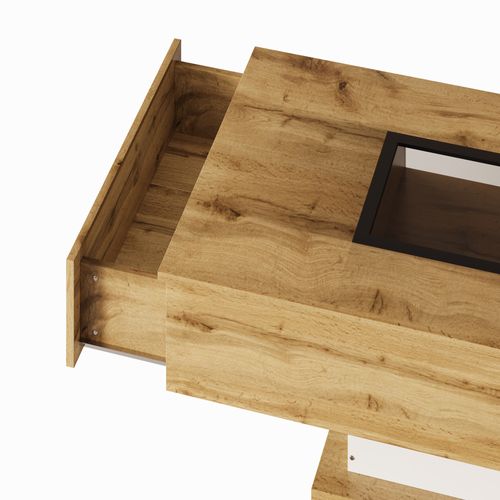 Table Basse Salon Avec Lumière LED Changeante Plateau En Verre Deux Tiroirs Design Moderne