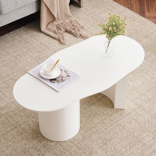 Table Basse Blanche 100 Cm, Forme Irrégulière, Mdf Laqué, Design Courbé Et Durable