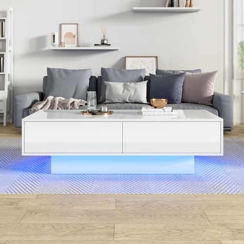 Table Basse Laquée Blanche Moderne Avec LED Et 2 Tiroirs, 115x55x34 Cm, Élégante Et Pratique