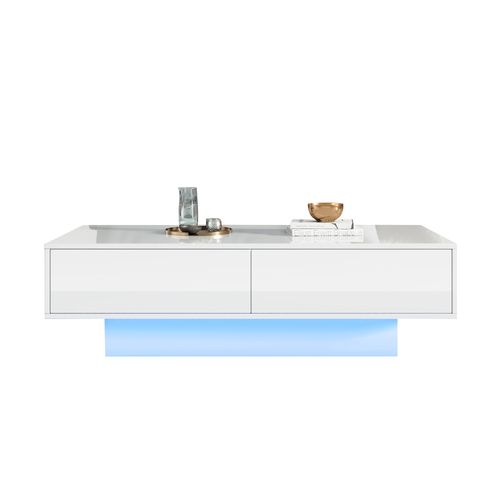 Table Basse Laquée Blanche Moderne Avec LED Et 2 Tiroirs, 115x55x34 Cm, Élégante Et Pratique