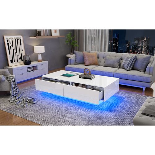 Table Basse Laquée Blanche Moderne Avec LED Et 2 Tiroirs, 115x55x34 Cm, Élégante Et Pratique