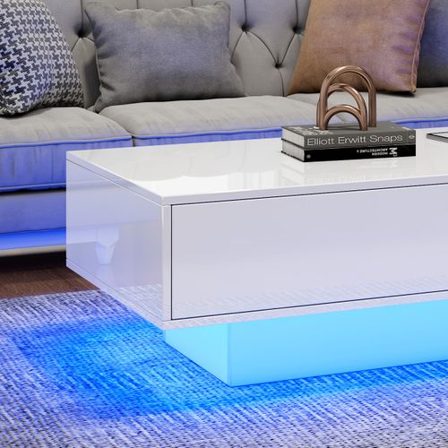Table Basse Laquée Blanche Moderne Avec LED Et 2 Tiroirs, 115x55x34 Cm, Élégante Et Pratique