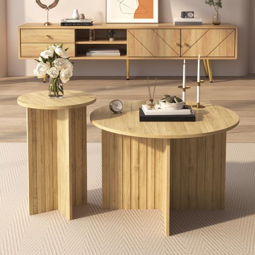 Ensemble 2 Tables Gigognes Rondes En Bois, Design Scandinave, Compactes Et Polyvalentes