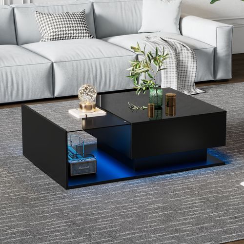 Table Basse Noire Brillante 100x50x32 Cm, Verre, 1 Tiroir, LED, Design Moderne Et Résistant