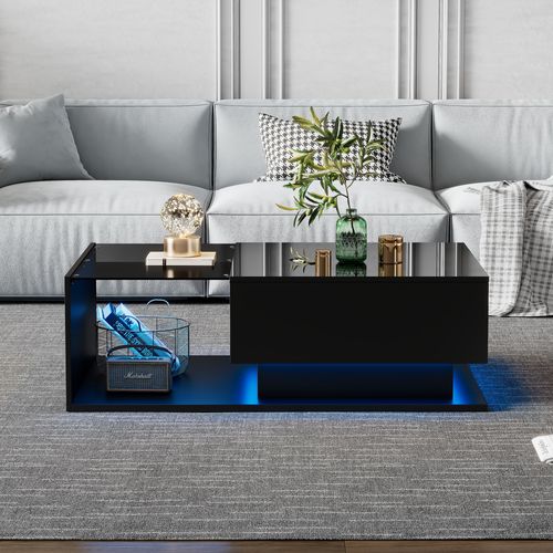 Table Basse Noire Brillante 100x50x32 Cm, Verre, 1 Tiroir, LED, Design Moderne Et Résistant