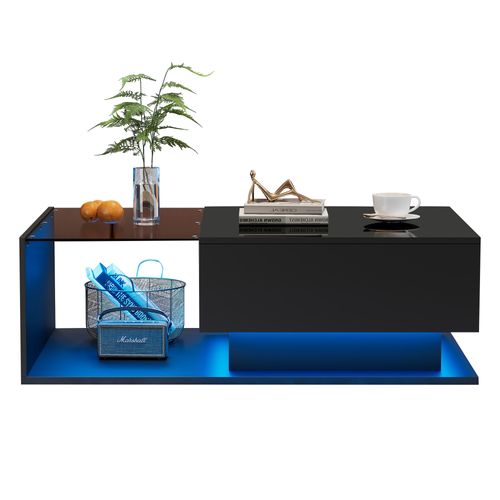 Table Basse Noire Brillante 100x50x32 Cm, Verre, 1 Tiroir, LED, Design Moderne Et Résistant