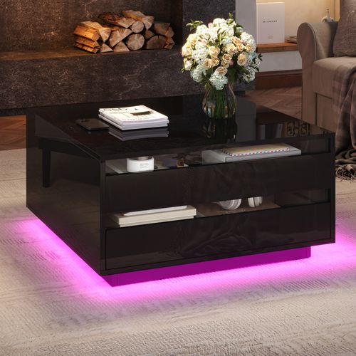 Table Basse Relevable 70x70x38 Cm, Noire, LED, 1 Tiroir, Rangement Caché, Portes Relevables