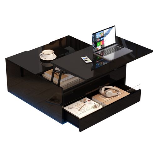 Table Basse Relevable 70x70x38 Cm, Noire, LED, 1 Tiroir, Rangement Caché, Portes Relevables