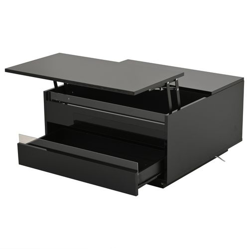 Table Basse Relevable 70x70x38 Cm, Noire, LED, 1 Tiroir, Rangement Caché, Portes Relevables