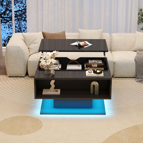 Table Basse Hydraulique 80x77x40 Cm, Design Géométrique, Avec Rangement, Haute Brillance, Noir.