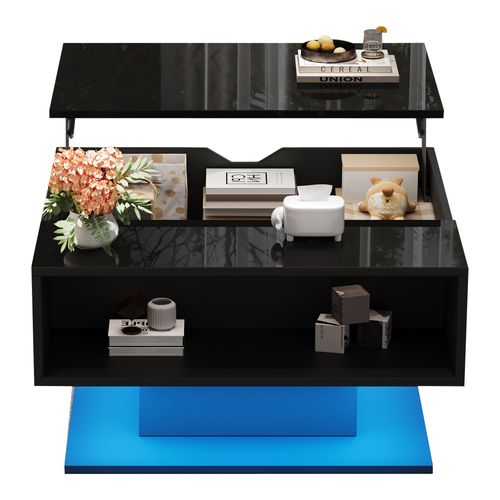 Table Basse Hydraulique 80x77x40 Cm, Design Géométrique, Avec Rangement, Haute Brillance, Noir.