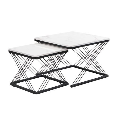 Lot De 2 Tables Basses Carrées – Marbre Brillant, Pieds Réglables, 60 Et 45 Cm