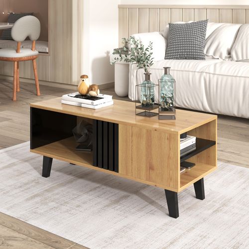 Table Basse 100x60x45 Cm, Design Bois Et Noir, Tiroirs Et Rangements Polyvalents