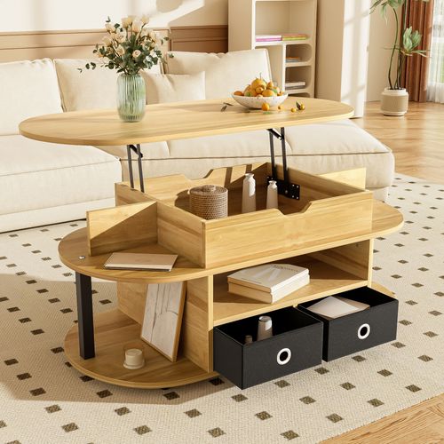 Table Basse Effet Bois Relevable, Tiroirs En Tissu Noir, Design Moderne Et Rangement Polyvalent