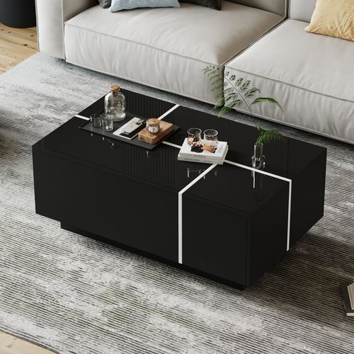 Table Basse Carrée Noire 100x60x40 Cm, Patchwork Brillante, 4 Tiroirs, Plateau Coulissant