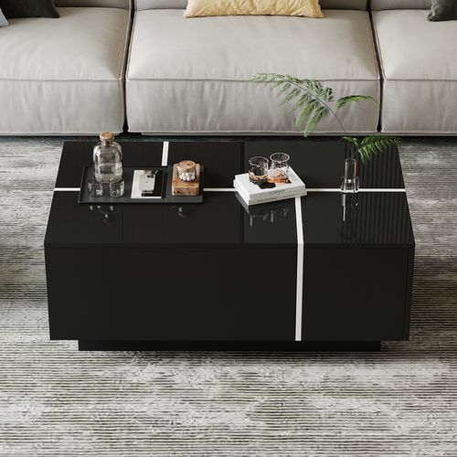 Table Basse Carrée Noire 100x60x40 Cm, Patchwork Brillante, 4 Tiroirs, Plateau Coulissant