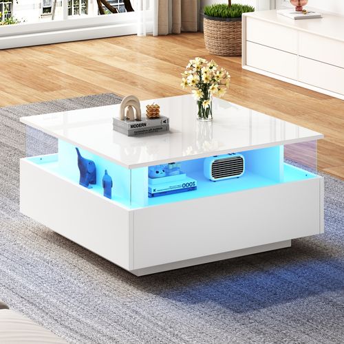 Table Basse LED 70x70x41 Cm, Brillante, 2 Tiroirs, Vitrine, Design Moderne