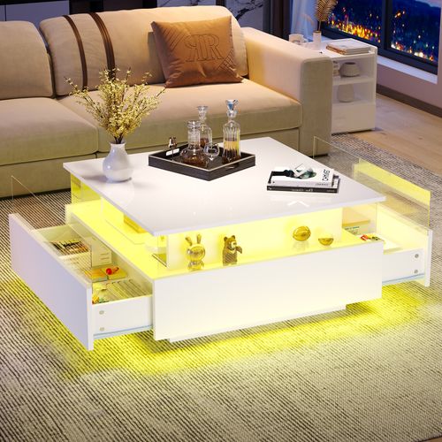 Table Basse LED 70x70x41 Cm, Brillante, 2 Tiroirs, Vitrine, Design Moderne