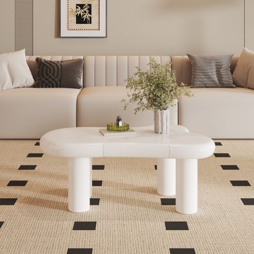 Table Basse Blanche Forme Nuage Mdf Avec LED 16 Couleurs Et Tiroir Rangement Moderne Pour Salon