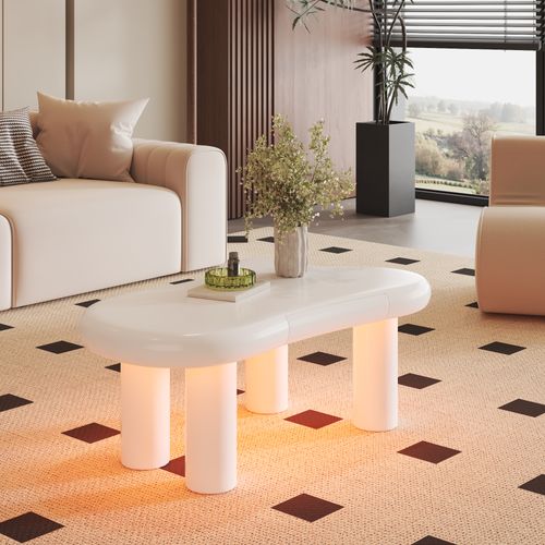 Table Basse Blanche Forme Nuage Mdf Avec LED 16 Couleurs Et Tiroir Rangement Moderne Pour Salon
