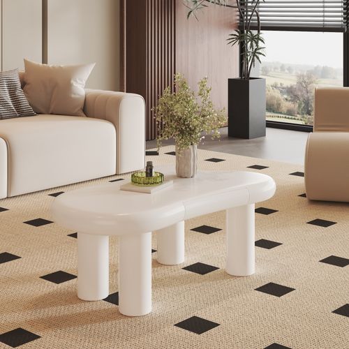 Table Basse Blanche Forme Nuage Mdf Avec LED 16 Couleurs Et Tiroir Rangement Moderne Pour Salon