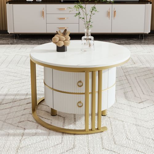 Table Basse Ronde 2 En 1 Effet Marbre Blanc Brillant, Mdf, 2 Tiroirs, Design Moderne Salon