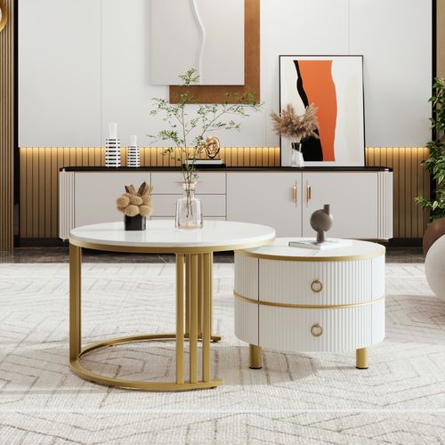 Table Basse Ronde 2 En 1 Effet Marbre Blanc Brillant, Mdf, 2 Tiroirs, Design Moderne Salon