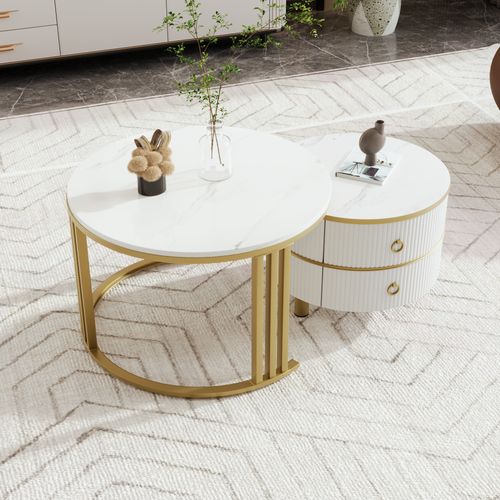 Table Basse Ronde 2 En 1 Effet Marbre Blanc Brillant, Mdf, 2 Tiroirs, Design Moderne Salon