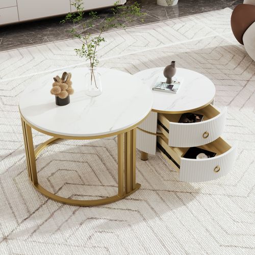 Table Basse Ronde 2 En 1 Effet Marbre Blanc Brillant, Mdf, 2 Tiroirs, Design Moderne Salon