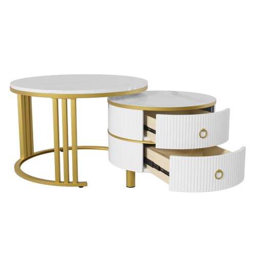 Table Basse Ronde 2 En 1 Effet Marbre Blanc Brillant, Mdf, 2 Tiroirs, Design Moderne Salon