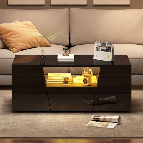 Table Basse Noire LED 100x50x40 Cm, Design Irrégulier, 2 Armoires, 1 Tiroir, Brillante, Rangement