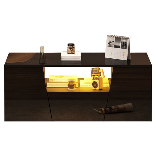 Table Basse Noire LED 100x50x40 Cm, Design Irrégulier, 2 Armoires, 1 Tiroir, Brillante, Rangement